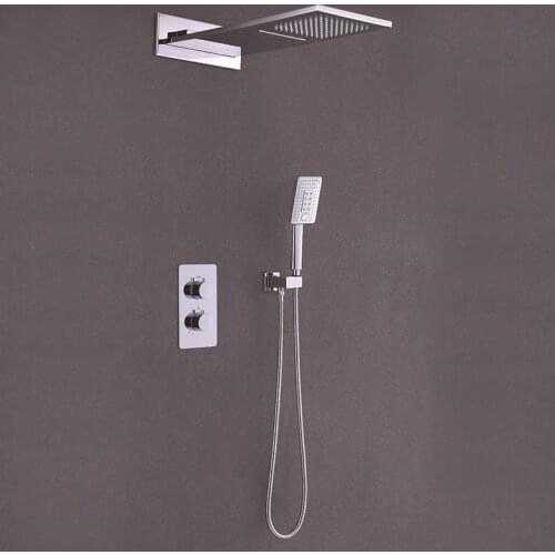 Chrome Color Bathroom Thermostatic Control Shower Faucet Set Wall Mounted Big Waterfall Rain Shower Head Brass Material