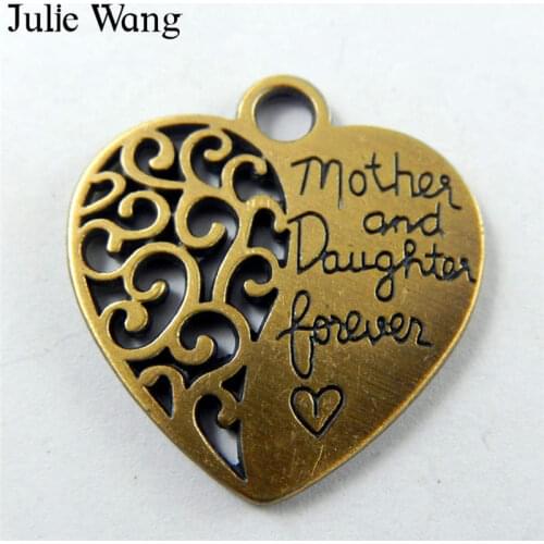 Julie Wang 6PCS Mother And Daughter Love Heart Charms Antique Bronze Pendant Jewelry Making Accessory Handmade Hanging Crafts