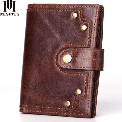 Genuine leather mens wallet with coin pocket vintage rivet design male purse card holder slim hasp money bag women short wallet