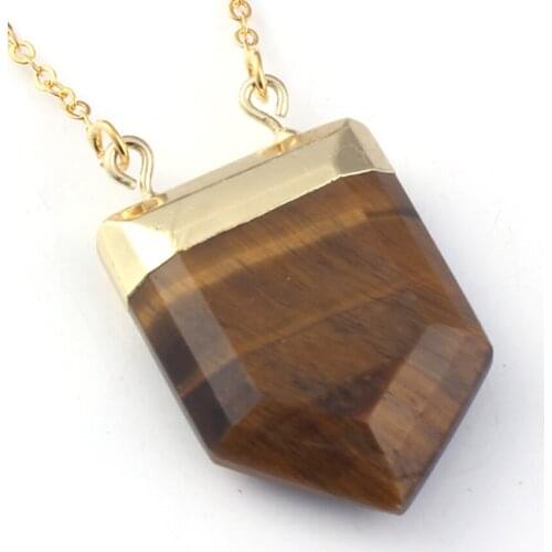 KFT Natural Tiger Eye Stone Pendant Shield Shape Chakra Pointed Reiki Stone Pendant Necklace Link Chain Jewelry For Women Men