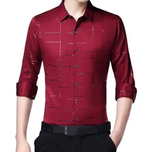 Men Dress Shirt Autumn Shirt Irregular Stripes Satin Surface Casual Single-breasted Turndown Collar Long Sleeve Shirt Business
