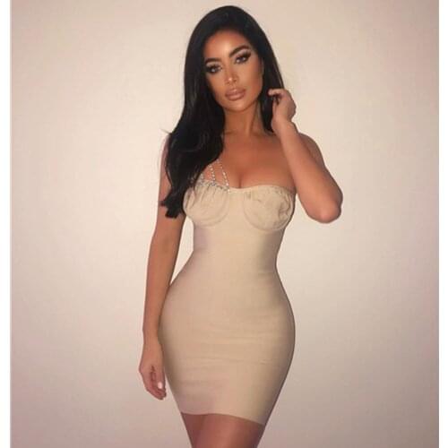 Newest 2021 Women Sexy One Shoulder Diamonds Beige Mini Bodycon Summer Bandage Dress Elegant Celebrity Evening Club Party Dress