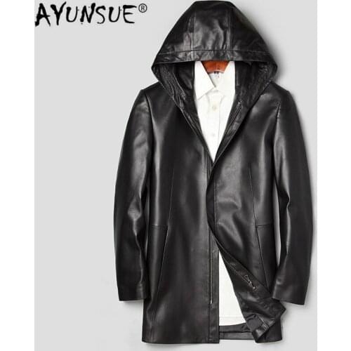 AYUNSUE Long Leather Coat Genuine Leather Hooded Jacket Korean Windbreaker Sheepskin Coat Chaqueta Cuero Hombre 71J7866 YY271