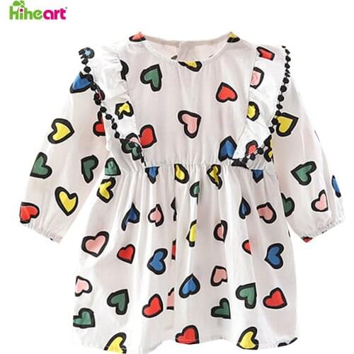 Hiheart Girls Pompom Tassel Dress Children Autumn Long Sleeves Ruffles Skirt Toddler Doll Love Pattern Princess Shirt Dress