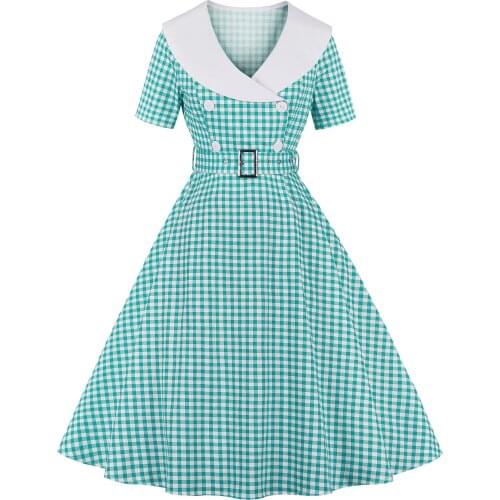 A Lline Short Sleeve Women Dress VD1558 Black Red Blue Rockabilly Cotton Vintage Party Plaid Dress with Belt