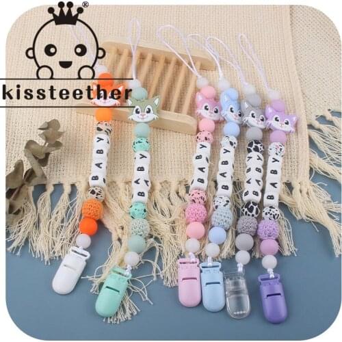 Kissteether 2pcs Of Gray Fox Teether Gift Food Grade Silicone Without BAP Personalized Name Nipple Bracket Chain And Fox Teether