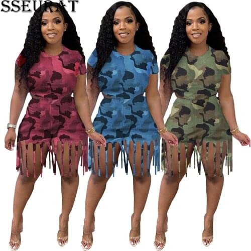 SSEURAT Women Set Camouflage Print Short Sleeve Tops Tassel Shorts Two 2 Piece Sets Casual Tracksuit Summer Outfits