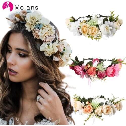 Molans 2021 Spring Bohemian Flower Crowns Beach Hawaii Floral Garland Romantic Faux Rose Wedding Wreaths New Flower Headband