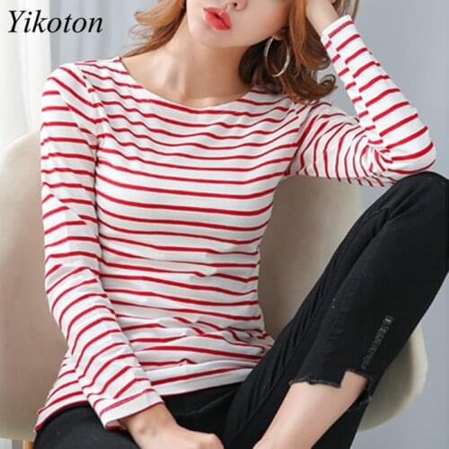 Women T-Shirt Cotton Long Sleeve Tops Lady T Shirt O-Neck Striped Spring /Autumn Female Blusas White Plus Size 5XL Fashion Tee