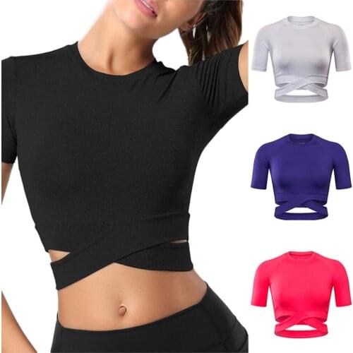 Women Cross Strap Tight T-shirt Fitness Workout Sport Short Sleeve Crop Top roupa de feminina