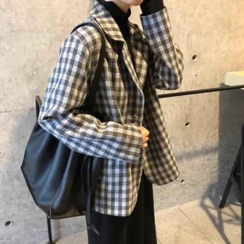 Korean Elegant Houndstooth Long Blazers Women 2020 Spring Autumn Single-breasted Plaid Jacket Ladies Loose Coat Outwear Female