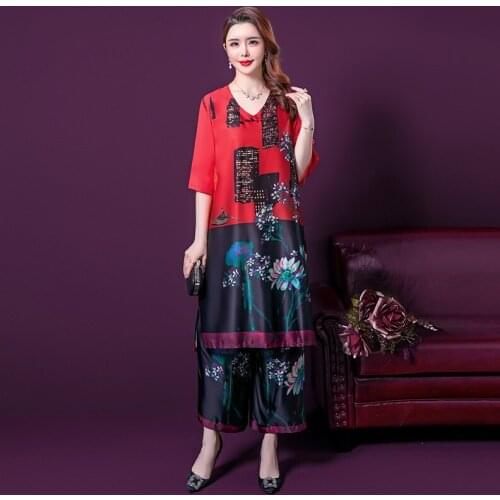 2 Pieces New Spring Summer Women Set Retro Art Printing Easy Leisure Wide-legged Two-piece Outfit Mother Dresses Woman Dress