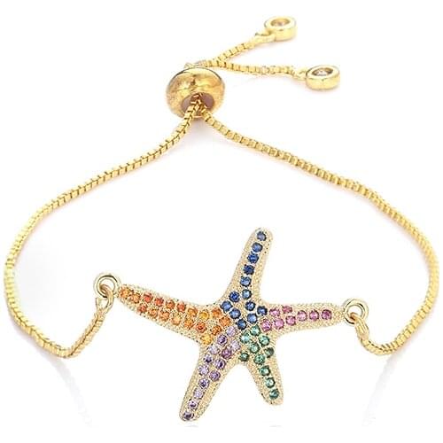 Womens rainbow starfish bracelets jewelry gold cz colorful zircon bracelet bangle adjustable chain bracelet for women