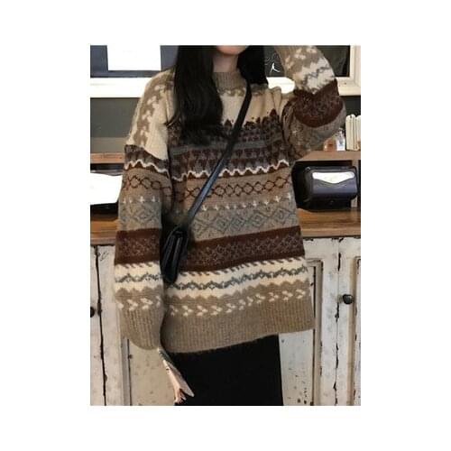 2021 New Vintage Print Sweater Women O Neck Pullover Long Sleeve Pull Femme Autumn Winter 2021 New Loose Sweater Warm Outwear