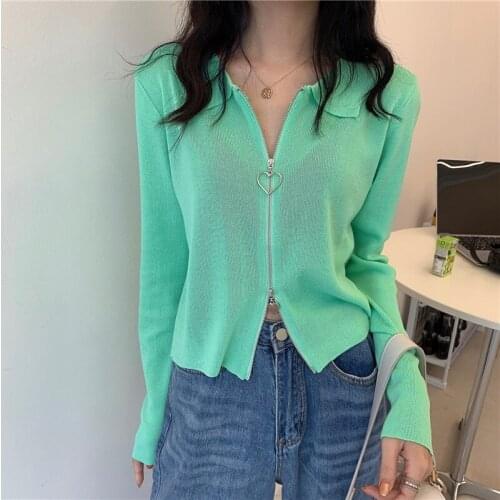 Autumn Spring Solid Zipper Thin Knit Cardigans Woman Elegant Fashion Korean Long Sleeve Crop Top Streetwear Mujer Sweater