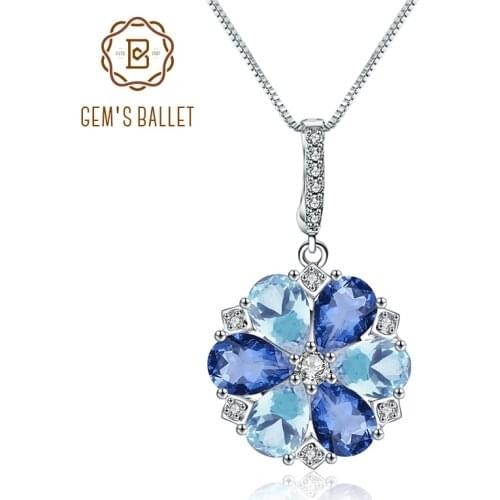 GEMS BALLET Natural Mystic Quartz Sky Blue Topaz Gemstone 925 Sterling Silver Flower Pendant Necklace for Women Fine Jewelry