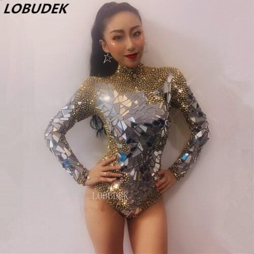 Women Luxurious Stage Bodysuit Gold Rhinestones Silver Mirrors Bodysuits Sexy Bar Nightclub Singer Dance Outfit Crystals Costume