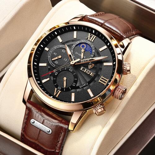 Relogio Masculino New Mens Watches LIGE Top Brand Leather Chronograph Waterproof Sport Automatic Moon phase Quartz Watch For Men