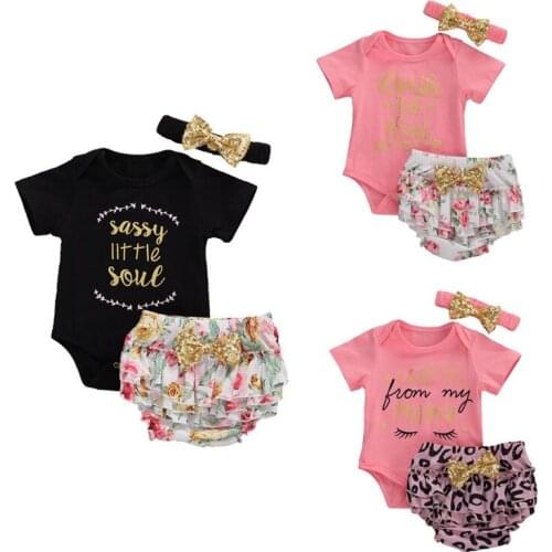 0-24M Cute Infant Baby Girl Clothes 3pcs Letter Print Short Sleeve Romper+Bow Leopard/Floral Ruffle Tutu Shorts Baby Set