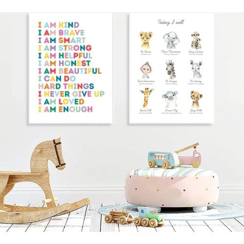 Kids Affirmation Wall Art Pictures Canvas Painting Safari Animal With Positive Mindset, Be Brave Quote Print Nordic Poster Decor