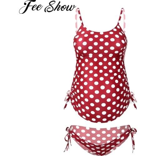Women Pregnant Swimsuit Beachwear Maternity Print Tankini Sleeveless Side Drawstring Swimming Top with Low Wait Briefs Set