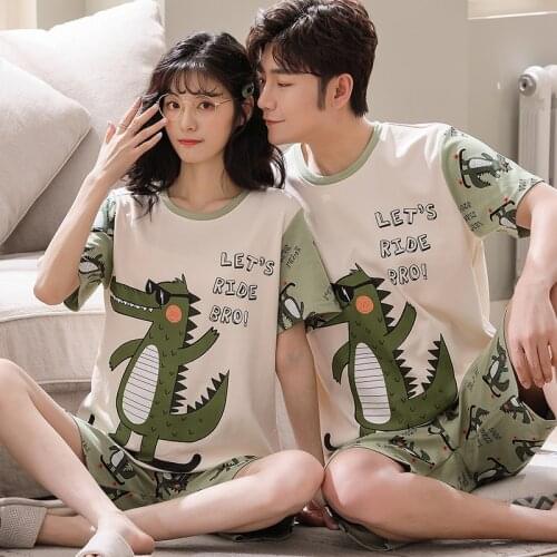 Cartoon Couple Matching Summer Pajamas Set Men Green Cotton Short Sleeves Patchwork Kawaii Dinosaur Print Sweet Lovers Sleepwear