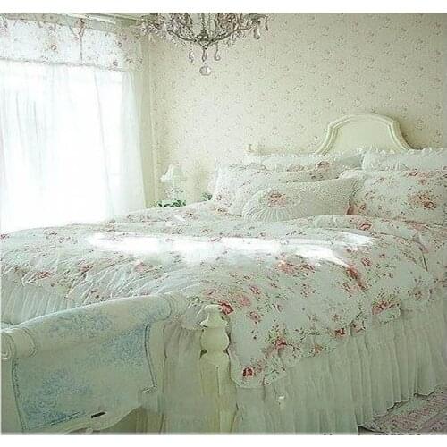 Vintage Red Rose princess Bedding set floral cotton girls Duvet Cover king queen twin rural comforter set