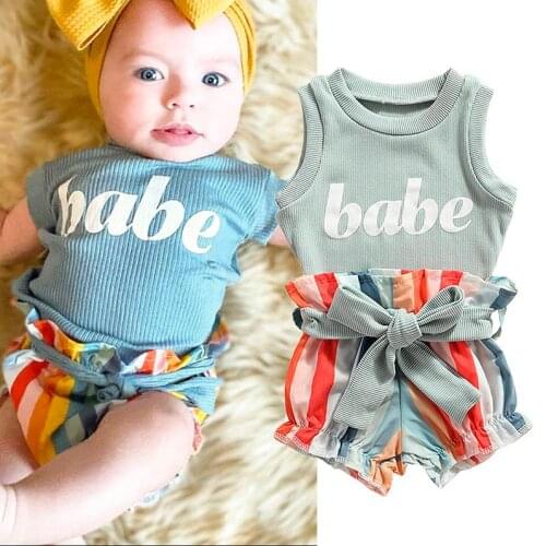 2021 Baby Girls Summer Clothes Set Sleeveless Tank Bow Belt Vertical Stripes Rainbow Pattern Shorts Summer Clothing Set 0-24M