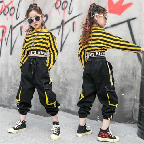 Hip hop Stripe Clothes Girls Sets Stage Costume Street Dance Jazz Performance Tops Sweatshirt Cargo Pants Teens Girls Kids Suits