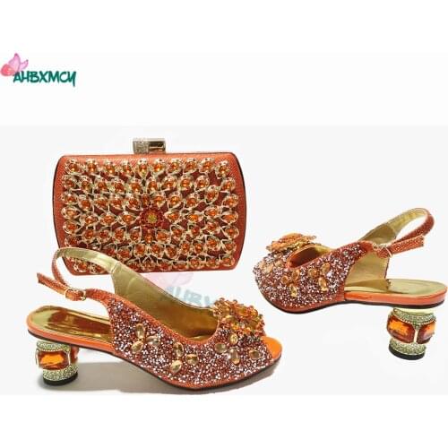 Orange Color New Arrivals Mature Style Decorate with Rhinestone African Ladies Shoes and Bag Set for Garden Party