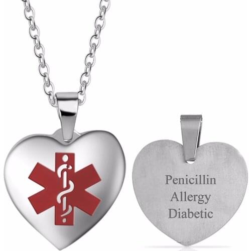 Free Engraving Unisex Stainless steel Heart Emergency Medical Alert ID Necklace Personalized Dog Tags Pendant Jewelry Men,Women