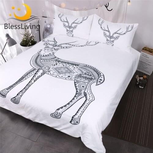 BlessLiving Geometric Abstract Deer Bedding Set Retro Aztec Inspired Moose Elk Duvet Cover Black and White Tribal Bedspreads