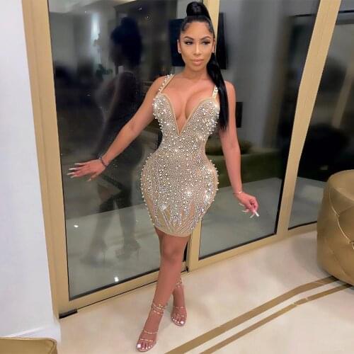 Echoine Peal Luxurious Diamond Sheer Mesh See Through V-neck Mini Dress Black Spaghetti Strap Sleeveless Party Night Vintage