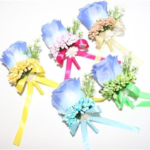 REDJCK Guest Boutonniere Pins Blue Silk Fabric Rose Artificial Brooch Corsage Flower For Clothes Wedding Prom Party Decoration