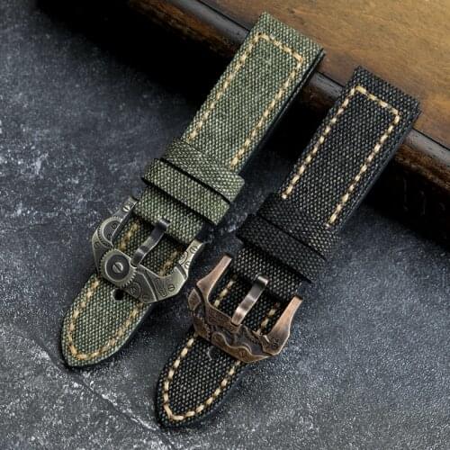 Handmade Canvas + Leather Watchband 20 22 24 26MM Compatible Bronze Strap Personalized Bronze Buckle