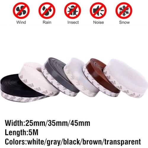 5M Self Adhesive Door Seal Strip Weather Strips Silicone Soundproofing Window Seal Draught Dust Insect Sealing Tape 25/35/45MM