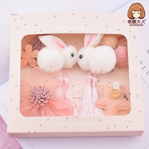 Spring Festival Childrens Hair Accessories Set Gift Box White Rabbit Hairpin Tassel Flowers Bow Hair Clip Headdress