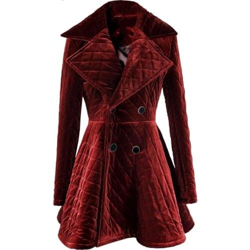 Wine Red Velvet Cotton Padded Parkas Coat Women Double Breasted Winter Slim Work Skirt Velvet Long Coat