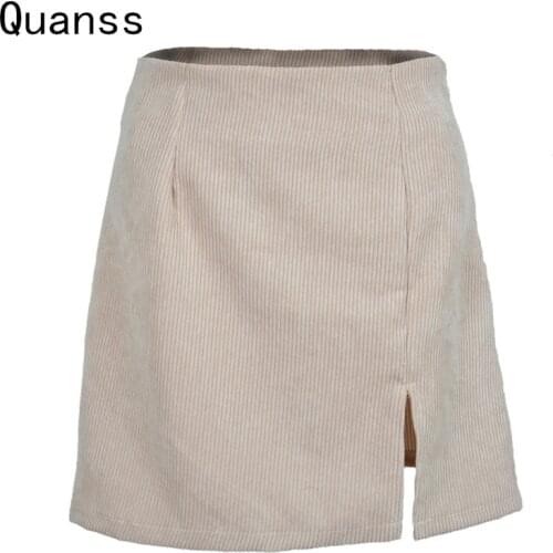 Quanss Spring Autumn Women Corduroy Split Fork Bodycon Sexy Women 2021 Fashion High Waist Streetwear Club Mini Skirt WZQ16