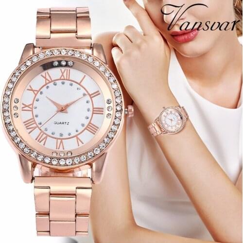 Vansvar Brand Rose Gold Watch Luxury Women Dress Rhinestone Quartz Watch Casual Women Stainless Steel Wristwatches Female Clock