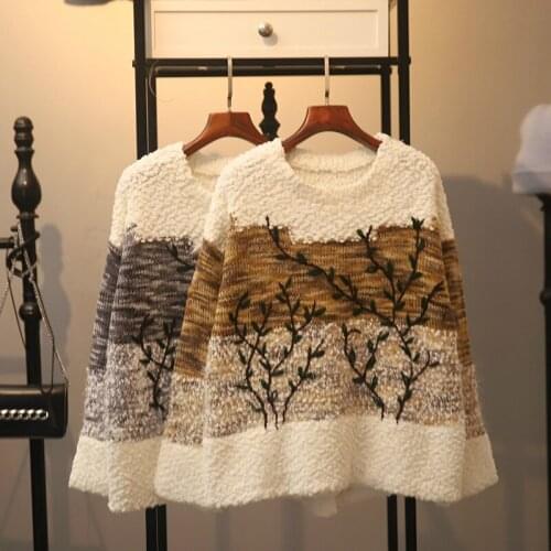 Women Vintage Warm Sweaters Pullovers Winter Autumn New Fashion Knitted Retro Patchwork Loose Tops Blusas Jumper Femme