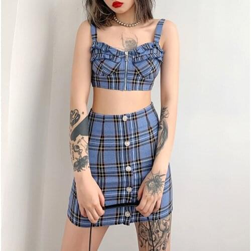 2021 Summer Womens New Style Plaid Sling Zipper Cardigan Bag Hip Skirt Two-Piece Suit