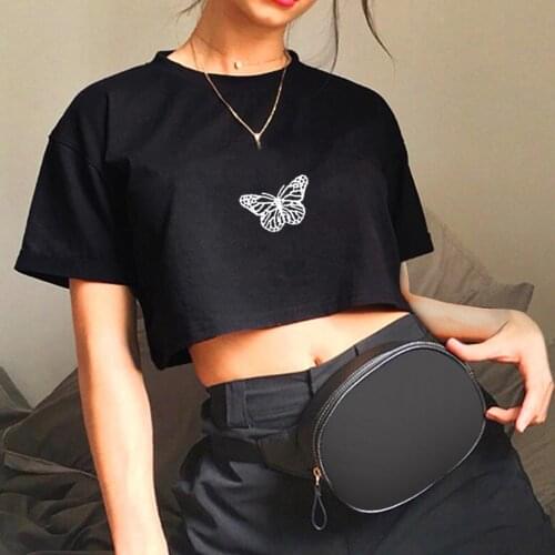 Butterfly print high waist open navel short sleeve womens top slim high T-shirt Slim and high T-shirt Women top 2021