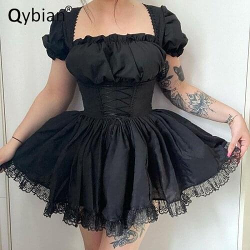 2021 Kawaii Autumn Women Hot Brand Sweet Cute Puff Sleeve Vintage Dress Bandage Women Dress Gothic Dress