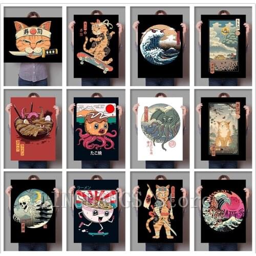 5D DIY Diamond Painting Japanese Samurai Cat Hand-Pulled Noodle Octopus Waves Abstract Diamond Mosaic Embroidery Cross Stitch