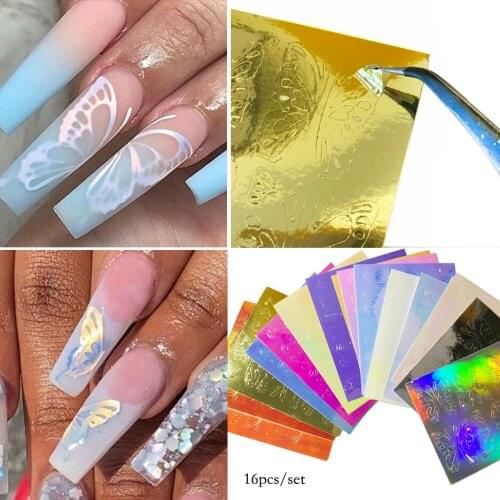 6pcs/16pcs Glitter Butterfly Wings Holographic Laser Nails Sticker Colorful 3D Self-Adhesive Nail Art Transfer Decal Design