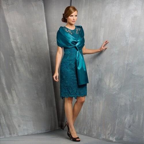 Turquoise lace sleeveless mothers dress with shawl evening party short dress bridal dress knee long prom dress MA12