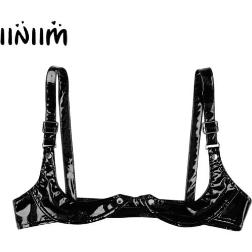Womens Sexy Open Bras Exotic Tanks Adjustable Spaghetti Straps Bra Lingerie Wetlook Faux Leather Open Cup Bra Top for Bachelor