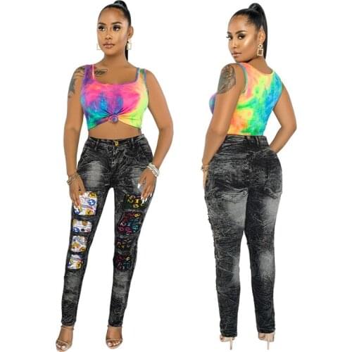 Jeans for Women Full Length MID Ripped Washed Patch Designs Pencil Pants Zipper Fly Thin Denim Skinny Distressed Jeans