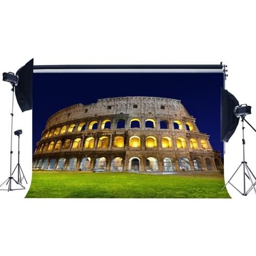 Ancient Rome Colosseum Backdrop Old Arch Dooe Shining Lights Blue Sky Green Grass Luxurious European Photography Background